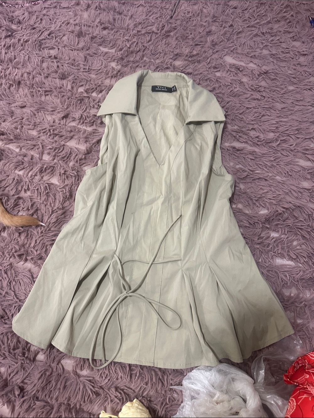 Vici Light Beige Sleeveless Trench Vest with Self-Tie Waist